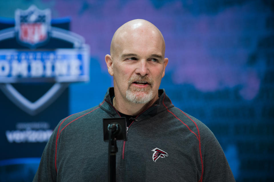 INDIANAPOLIS, IN - FEBRUARY 25: Atlanta Falcons head coach Dan Quinn answers questions from the media  during the NFL Scouting Combine on February 25, 2020 at the Indiana Convention Center in Indianapolis, IN. (Photo by Zach Bolinger/Icon Sportswire via Getty Images)