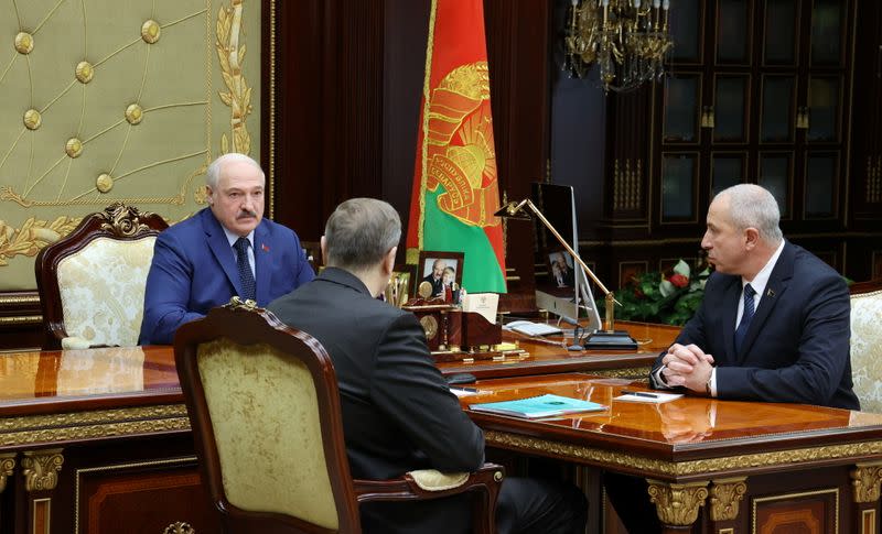 Belarusian President Alexander Lukashenko attends a meeting in Minsk