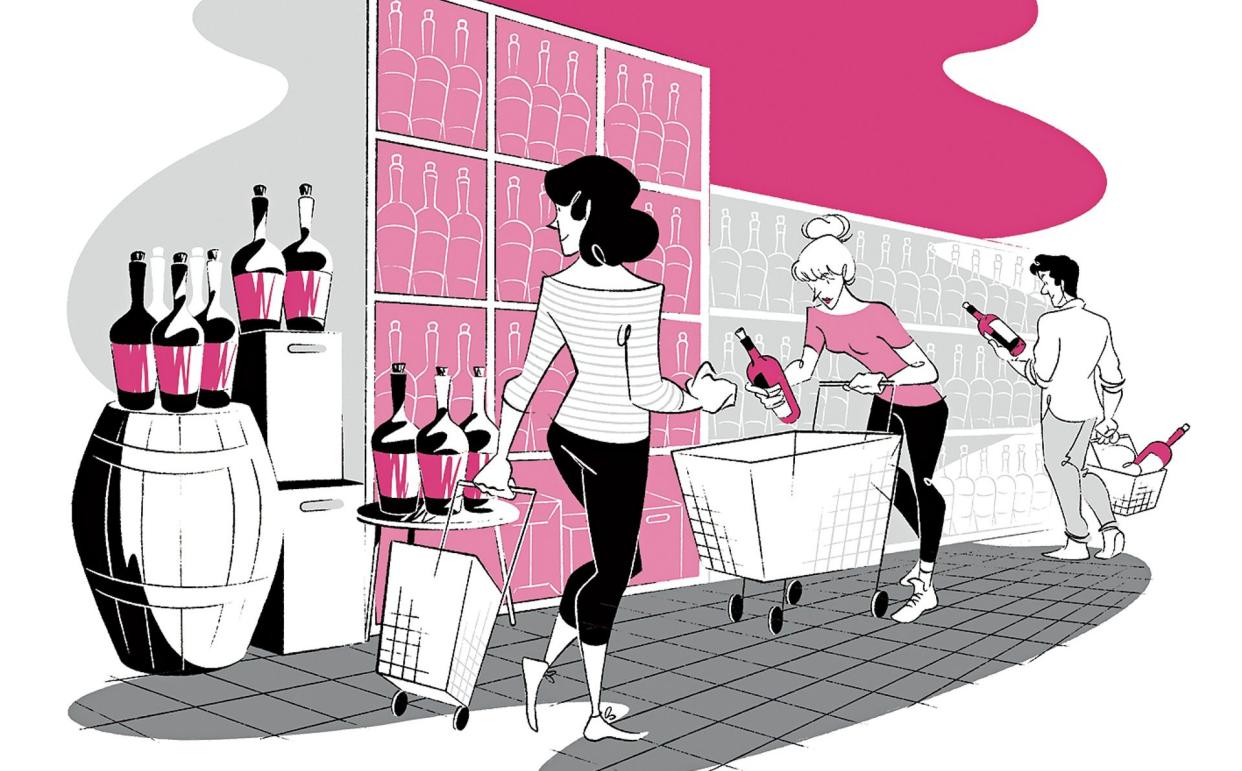 illo of lady shopping wine aisle