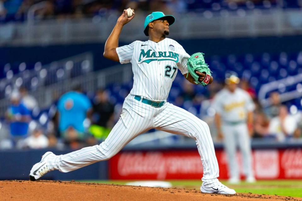 Miami Marlins pitcher Edward Cabrera (27) throws the ball during the second inning of an MLB game against the Oakland Athletics at loanDepot park in the Little Havana neighborhood of Miami, Florida, on Friday, June 2, 2023.