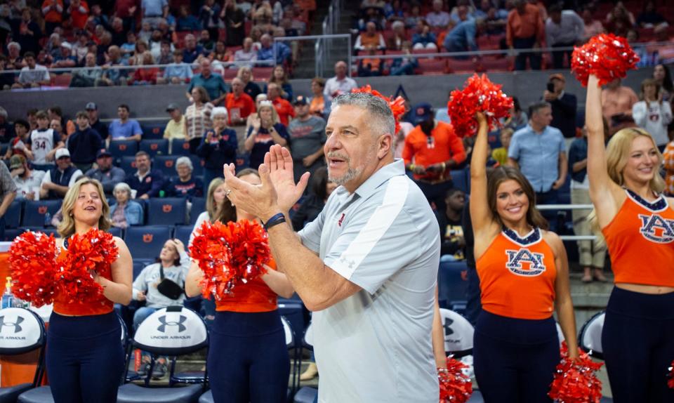 Auburn Tigers head coach Bruce Pearl takes the court as Auburn Tigers take on Ole Miss Rebels at Neville Arena in Auburn, Ala., on Wednesday, Feb. 22, 2023.