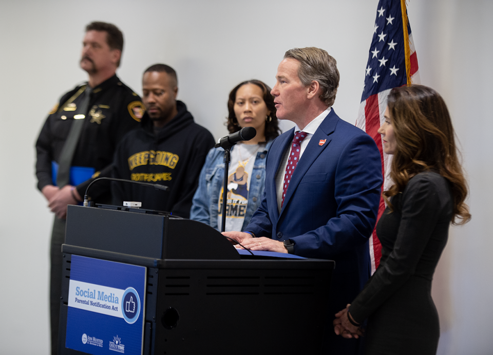 Lt. Governor Jon Husted speaks during a press conference on the Social Media Parental Notification Act with Portage County Sheriff Bruce Zuchowski and Streetsboro residents Tim and Tamia Woods, whose 17-year-old son, James, died by suicide.