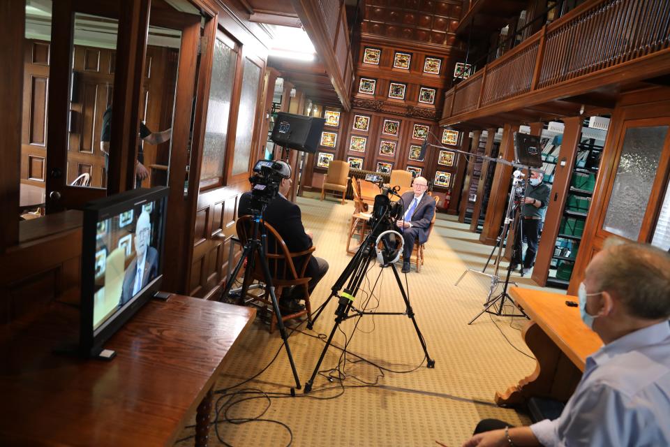 Mayor Thomas Koch and Gen. Gordon Sullivan, retired 32nd Chief of Staff of the US Army, set up for a sit-down interview for the "City of Generals" documentary in the Richardson Room of the Thomas Crane Public Library in Quincy last year.