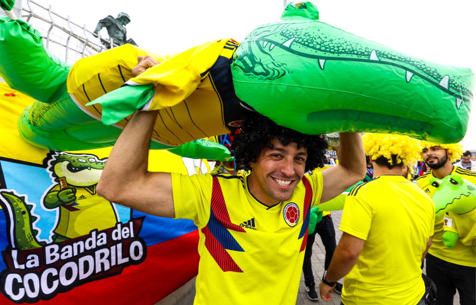 <p>Supporters of Team Colombia seen outside Spartak Stadium ahead of the 2018 FIFA World Cup Round of 16 match between Colombia and England. Mikhail Tereshchenko/TASS (Photo by Mikhail Tereshchenko\TASS via Getty Images) </p>
