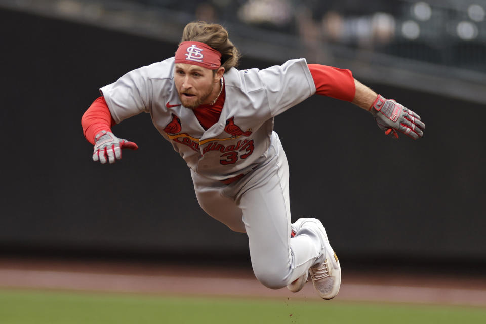 St. Louis Cardinals' Brendan Donovan dives safely into second base during the first inning of a baseball game against the New York Mets on Thursday, May 19, 2022, in New York. (AP Photo/Adam Hunger)