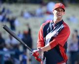 LOS ANGELES, CA - APRIL 28: Bryce Harper #34 of the Washington Nationals smiles as he makes his major league debut during practice before the game against the Los Angeles Dodgers at Dodger Stadium on April 28, 2012 in Los Angeles, California. (Photo by Harry How/Getty Images)