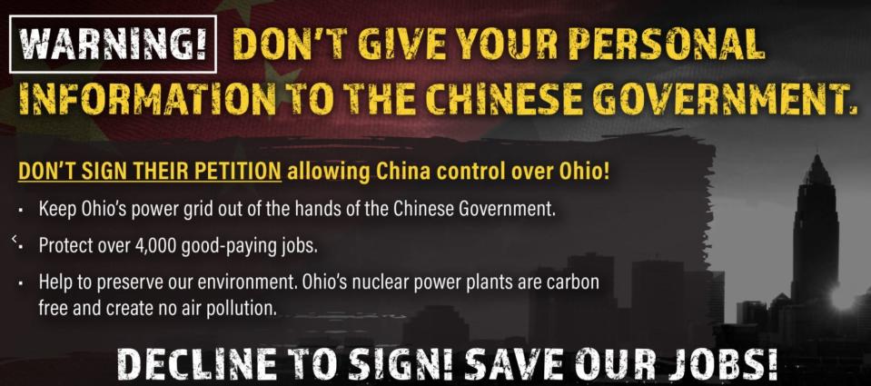 The Ohioans for Energy Security website issued this warning in 2019. In truth, the Chinese government had nothing to do with efforts to put House Bill 6 on the state ballot.