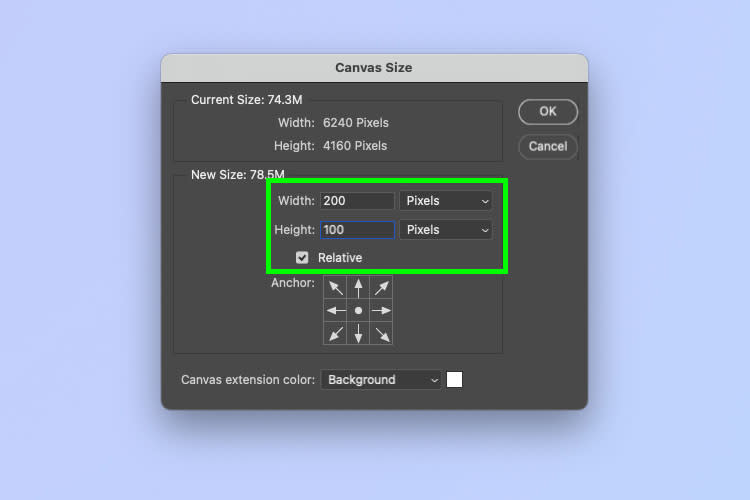 A screenshot showing how to change canvas size in Photoshop