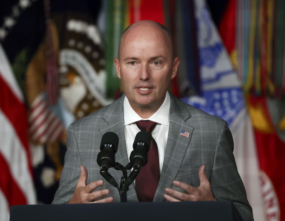 Gov. Spencer Cox speaks prior to President Joe Biden’s remarks on the one-year anniversary of passage of the PACT Act, the most significant expansion of benefits and services for toxic exposed veterans and survivors in over 30 years, at the George E. Wahlen Department of Veterans Affairs Medical Center in Salt Lake City on Thursday, Aug. 10, 2023. | Laura Seitz, Deseret News