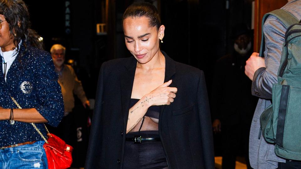 Zoe Kravitz in a top-to-toe sheer black ensemble 