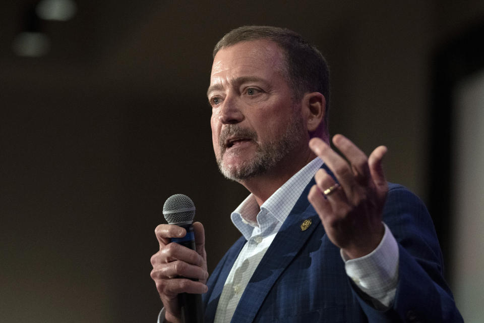 Rep. Chuck Goodrich speaks during a Lincoln Day Dinner, Thursday, May 2, 2024, in Noblesville, Ind. (AP Photo/Darron Cummings)