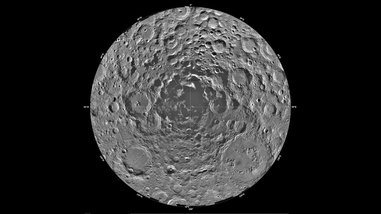  This view of the Moon's cratered South Pole was seen by NASA's Clementine spacecraft in 1996. 