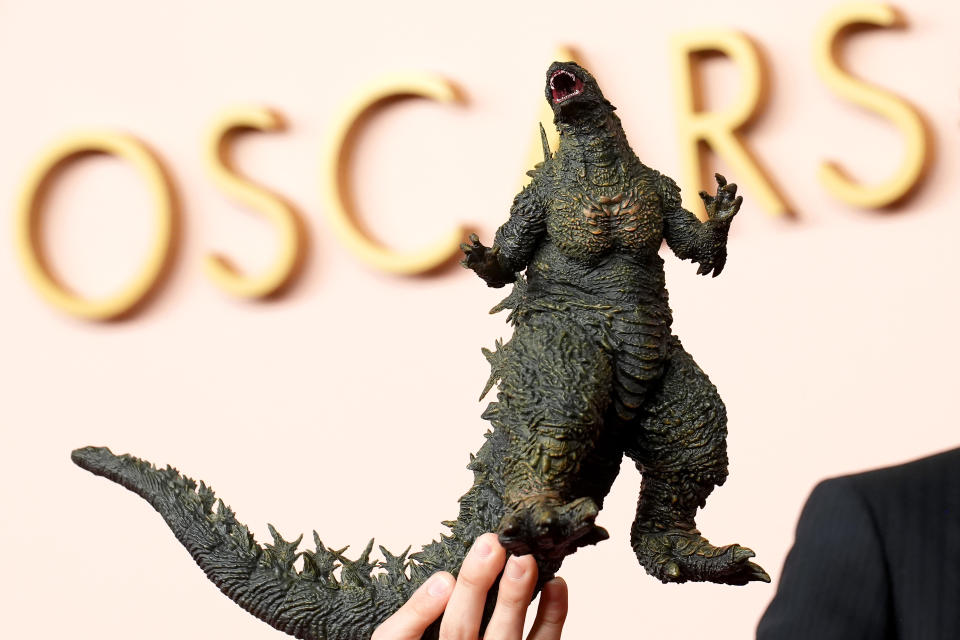 BEVERLY HILLS, CALIFORNIA - FEBRUARY 12: An action figure from Godzilla Minus One is seen during the 96th Oscars Nominees Luncheon at The Beverly Hilton on February 12, 2024 in Beverly Hills, California. (Photo by JC Olivera/Getty Images)