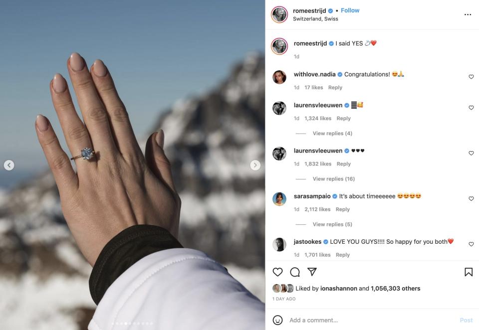 Romee Strijd shows her engagement ring on Instagram.