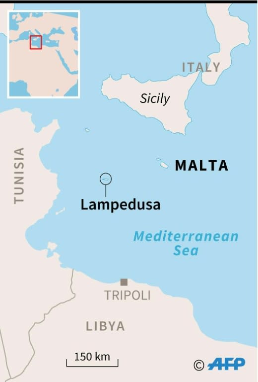 Map locating the Italian island of Lampedusa where nearly 180 migrants are stranded on a coastguard ship as Italy and Malta argue over who should take them