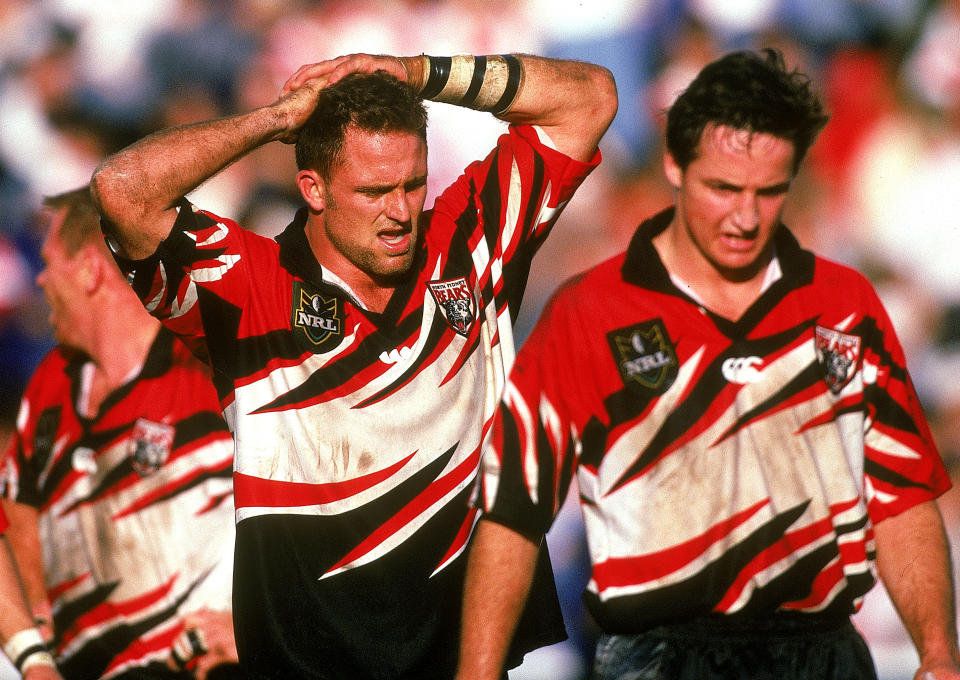 SYDNEY, AUSTRALIA - 1998:  Billy Moore of the Bears shows his frustration during a NRL match between the St George Dragons and the North Sydney Bears at Kogarah Oval 1998, in Sydney, Australia. (Photo by Getty Images)