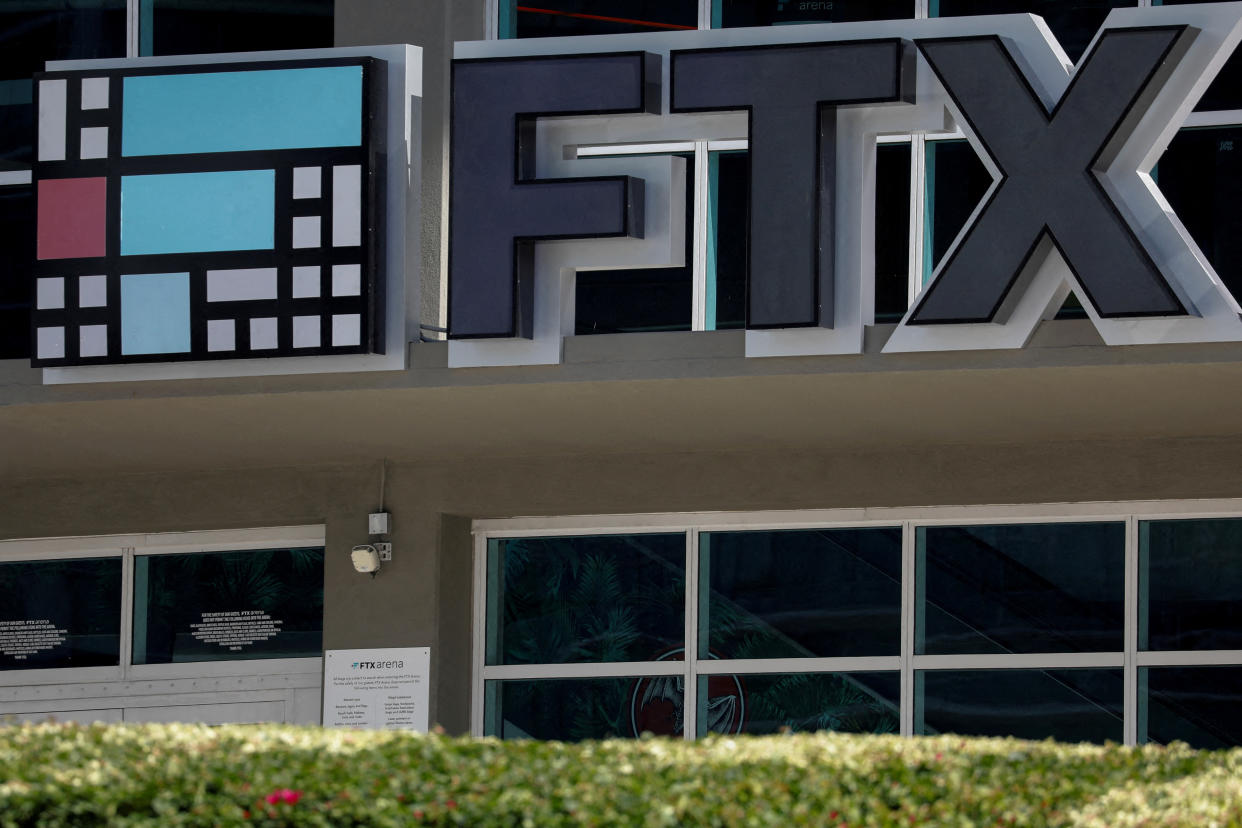 The logo of FTX is seen at the entrance of the former FTX Arena in Miami, Fla, Nov. 12, 2022.