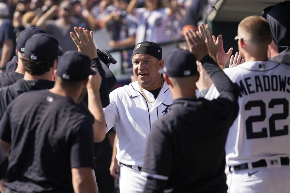 Detroit Tigers' Miguel Cabrera celebrates scoring against the Cleveland Guardians in the fourth inning of a baseball game, Saturday, Sept. 30, 2023, in Detroit. (AP Photo/Paul Sancya)