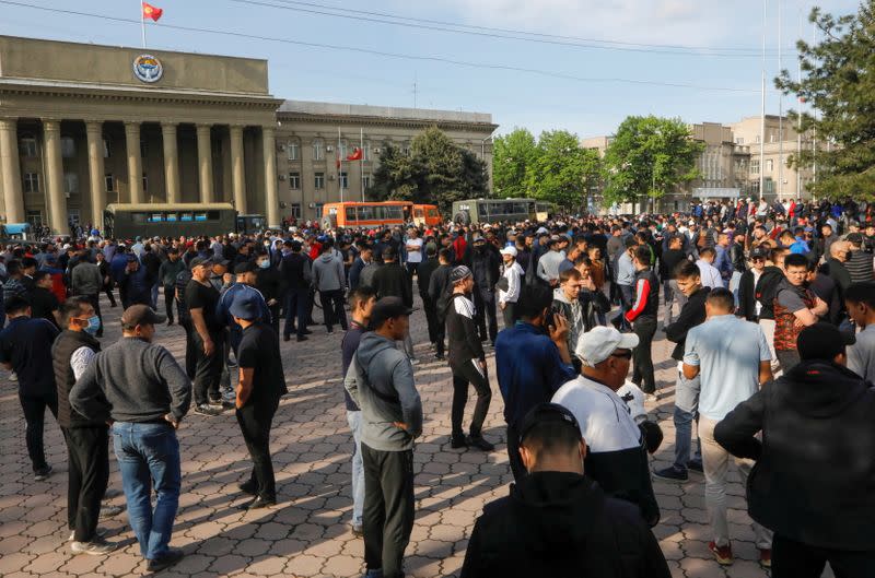 Protesters hold a rally in support of the southern Batken province's residents following clashes with Tajik troops in Bishkek