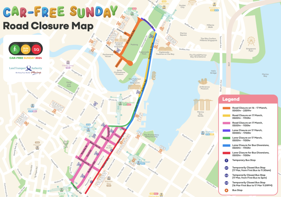In designated areas of the Civic District and Central Business District, roads were closed from 8am to 11am, enabling street activities during the Car-Free Sunday event.
