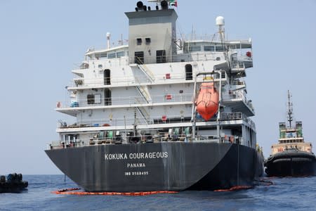 A general view of Japanese-owned Kokuka Courageous tanker off the coast of Fujairah, United Arab Emirates