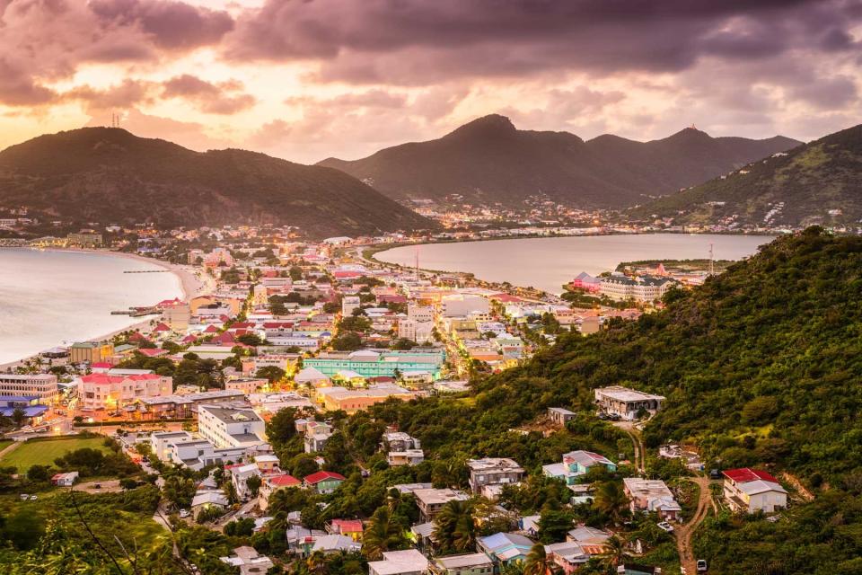 Aerial view of pastel colored building on St Maarten