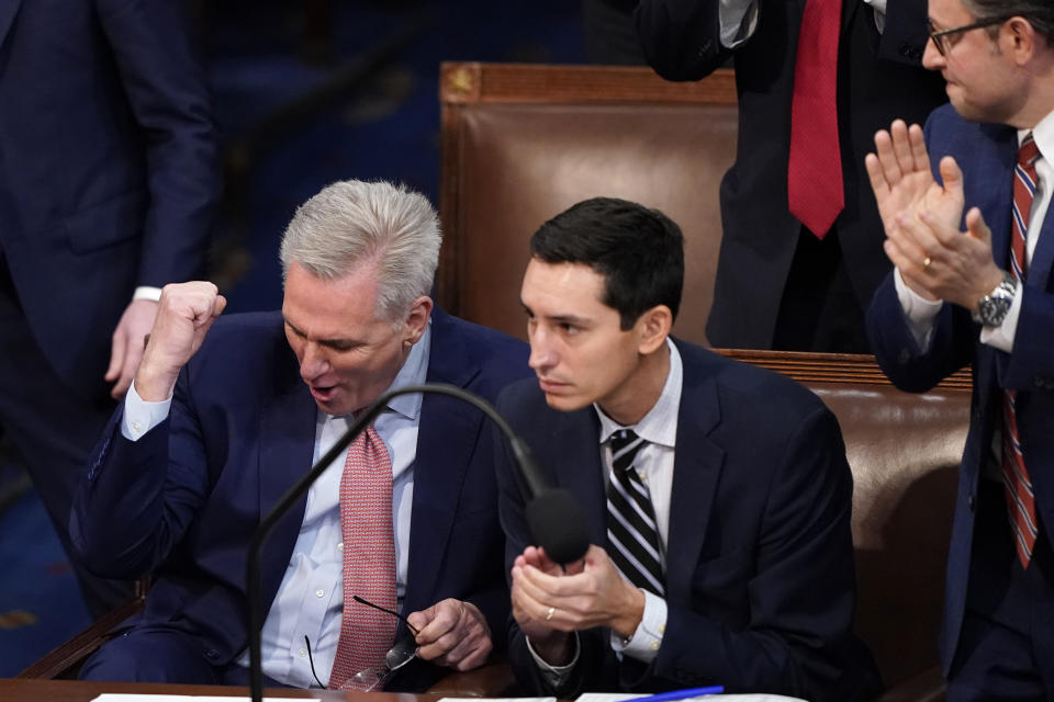 Rep. Kevin McCarthy, R-Calif., reacts after being nominated by Rep. Steve Scalise, R-La., for the third round of votes for Speaker of the House on the opening day of the 118th Congress at the U.S. Capitol, Tuesday, Jan. 3, 2023, in Washington.(AP Photo/Alex Brandon)