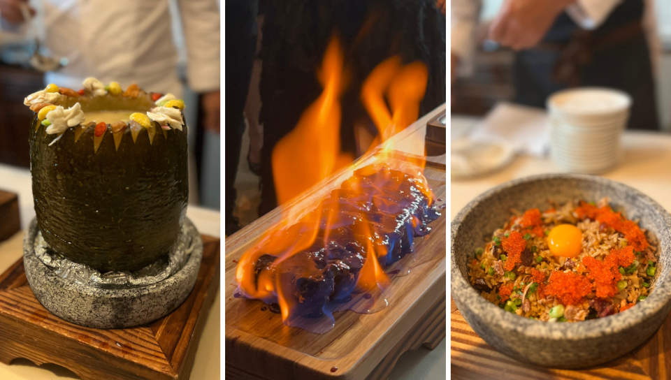 L to R: Double-boiled superior seafood soup, mushroom, served in melon husk, 3 hours 33 mins honey-glazed Duroc pork ribs, Stone bowl rice with Kurobuta pork cured meat, egg yolk and tobiko (Photo: Stephanie Zheng)