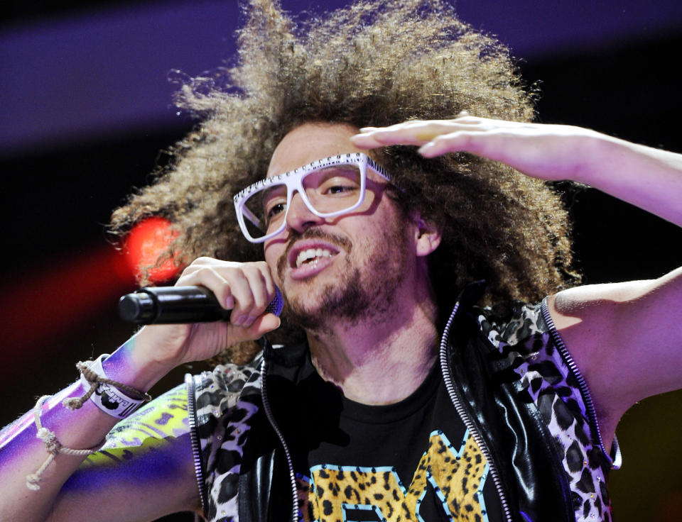 FILE - This Dec. 9, 2011 file photo shows singer RedFoo of LMFAO performing at Z100's Jingle Ball concert at Madison Square Garden in New York. Redfoo is still party rocking, but these days, he's doing it without his partner-in-fun, Sky Blu. Redfoo says he and Sky Blu _ who is also his nephew _ are taking a break as they focus on their own interests, personally and professionally. (AP Photo/Evan Agostini, file)