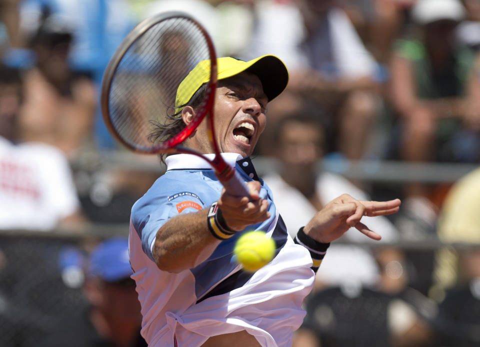 Argentina's Carlos Berlocq returns the ball to Italy's Andreas Seppi during their Davis Cup singles tennis match in Mar del Plata, Argentina, Friday, Jan. 31, 2014. (AP Photo/Eduardo Di Baia)