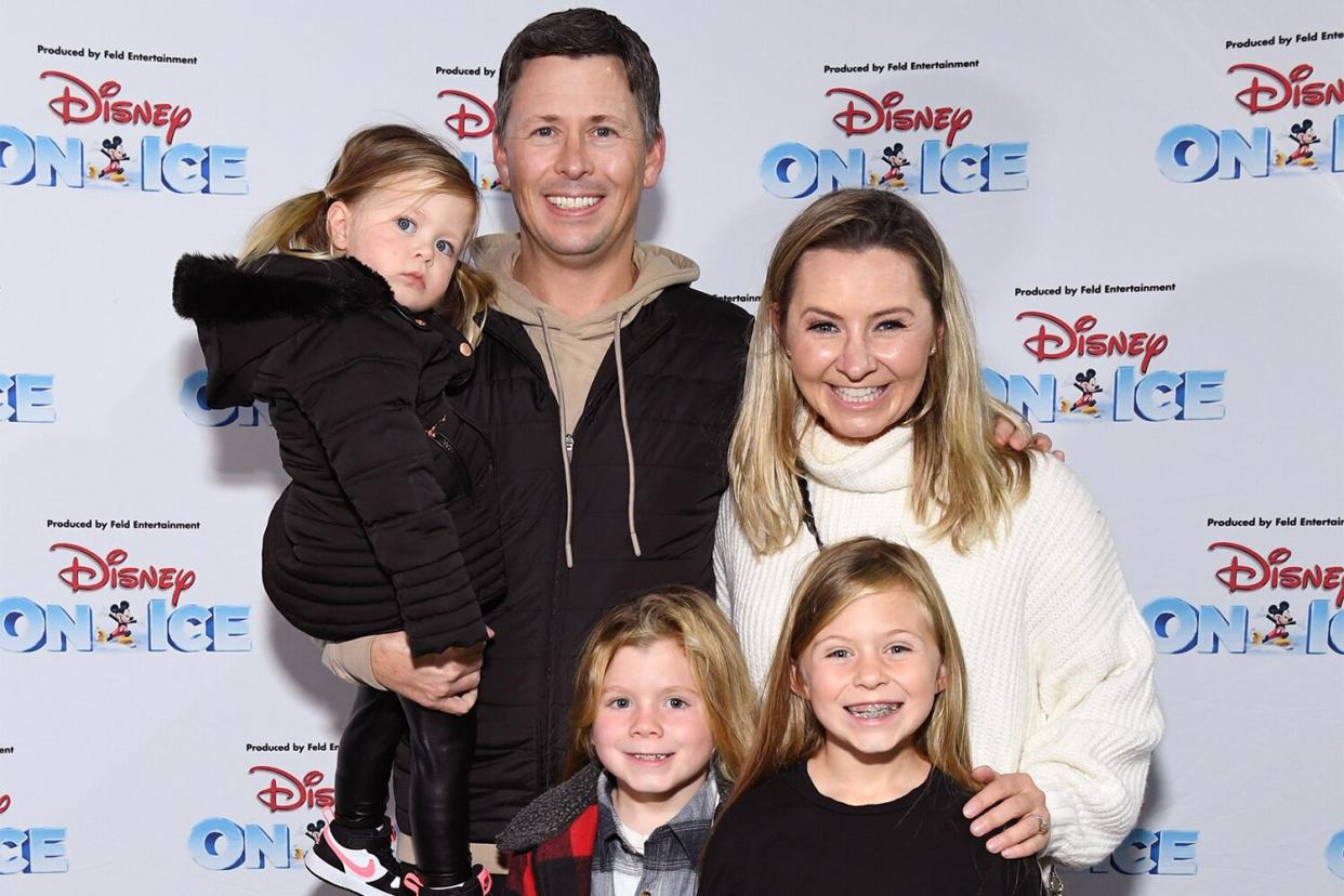 LOS ANGELES, CALIFORNIA - DECEMBER 09: Beverley Mitchell (back R), husband Michael Cameron (back C), daughters Kenzie and Mayzel, and son Hutton arrive as Disney On Ice presents Road Trip Adventures at Crypto.com Arena on December 09, 2022 in Los Angeles, California. (Photo by Jon Kopaloff/Getty Images for Feld Entertainment)