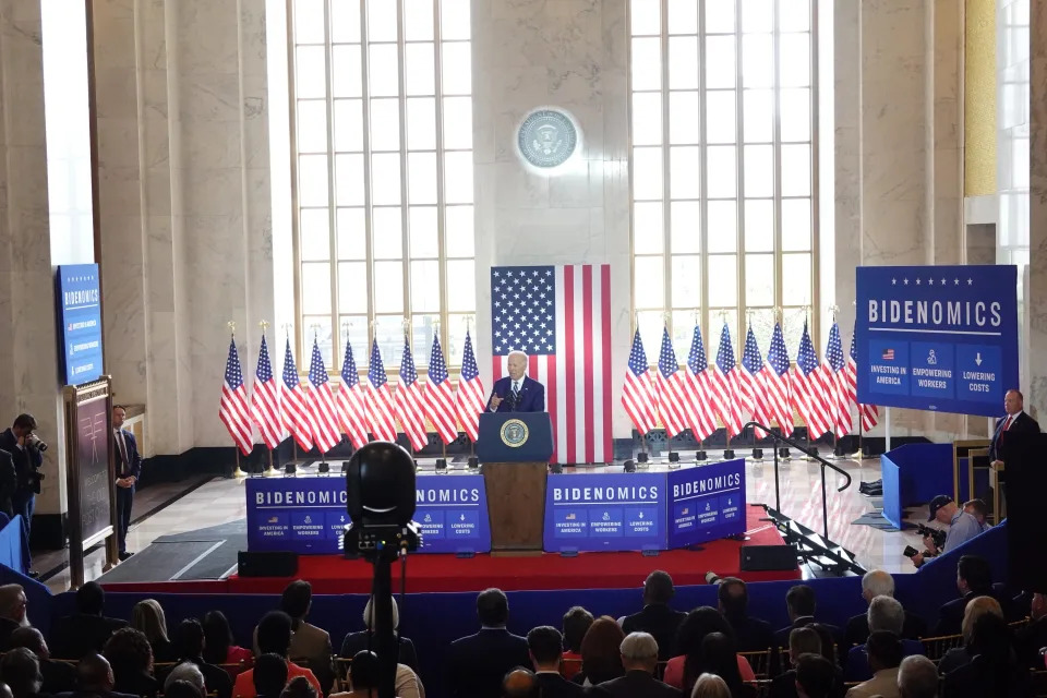 President Joe Biden unveils his economic plan during an event in the lobby of the old post office building on June 28, 2023 in Chicago, Illinois. He is also scheduled to attend a fundraising event during the visit.