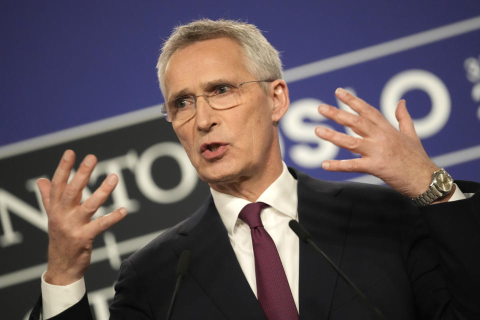 NATO Secretary General Jens Stoltenberg speaks during a media conference after the meeting of NATO foreign ministers in Oslo, Norway, Thursday, June 1, 2023. NATO on Thursday ramped up pressure on member nation Turkey to drop its objections to Sweden's membership as the military organization seeks to deal with the issue by the time U.S. President Joe Biden and his counterparts meet next month. (AP Photo/Sergei Grits)