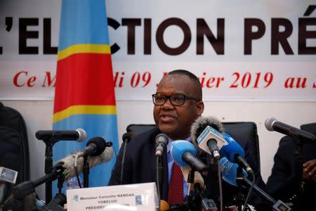 Corneille Nangaa, President of Congo's National Independent Electoral Commission (CENI), speaks during a press conference announcing the results of the presidential election in Kinshasa, Democratic Republic of Congo, January 10, 2019. REUTERS/Jackson Njehia