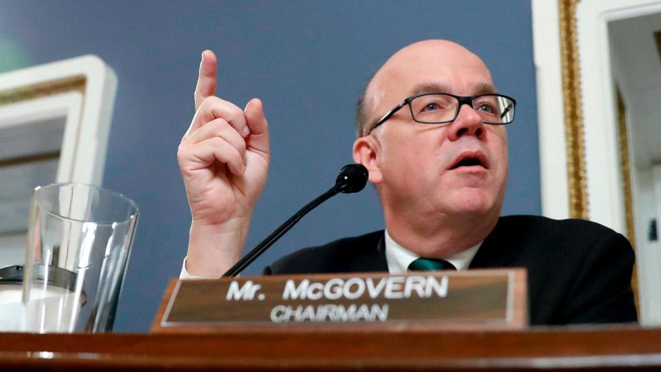 PHOTO: House Rules Committee chairman Rep. Jim McGovern speaks as ranking member Rep. Tom Cole looks on during a House Rules Committee hearing on the impeachment against President Donald Trump in Washington, DC,  Dec. 17, 2019.  (Andrew Harnik-Pool/Getty Images)