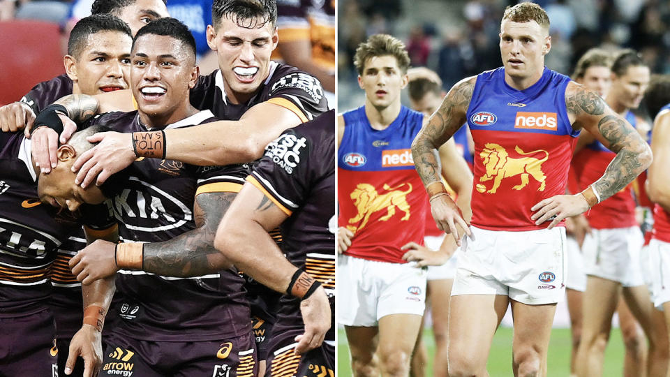 The Brisbane Broncos and Brisbane Lions, pictured here in action in the NRL and AFL.