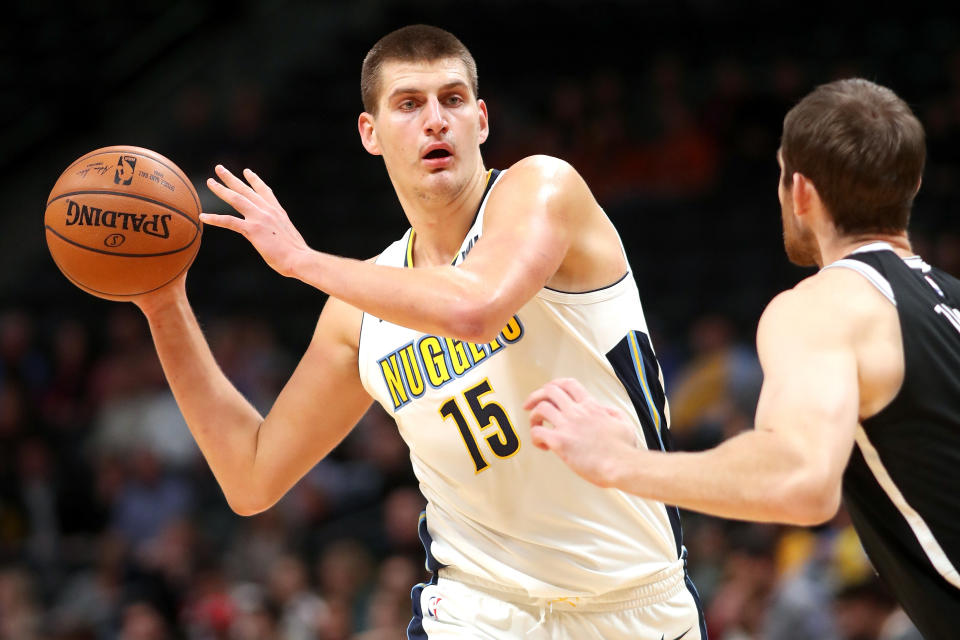 Nikola Jokic takes a moment to consider how he’d like to hurt the Nets next. (Getty)