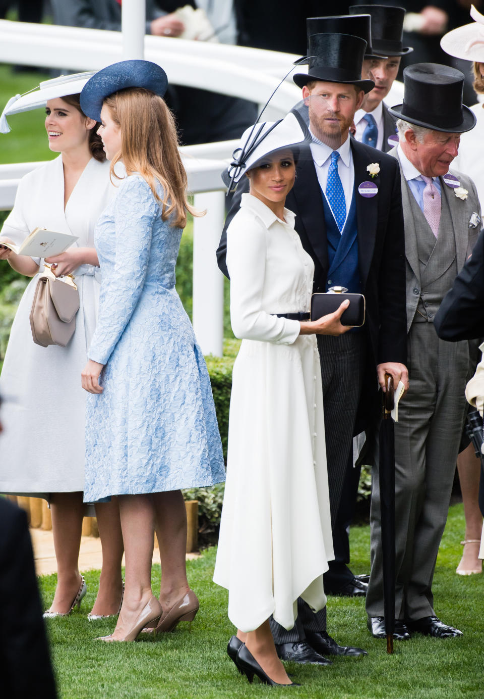 Princess  Eugenie of York, Princess Beatrice of York, Meghan, Duchess of Sussex and Prince Harry, Duke of Sussex and Prince Charles, Prince of Wales attend Royal Ascot Day 1 at Ascot Racecourse on June 19, 2018 in Ascot, United Kingdom.