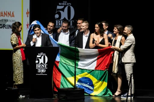 Mirazur chef-owner Mauro Colagreco (C), flanked by his team, said he was "in the sky" after his restaurant was crowned the world's best