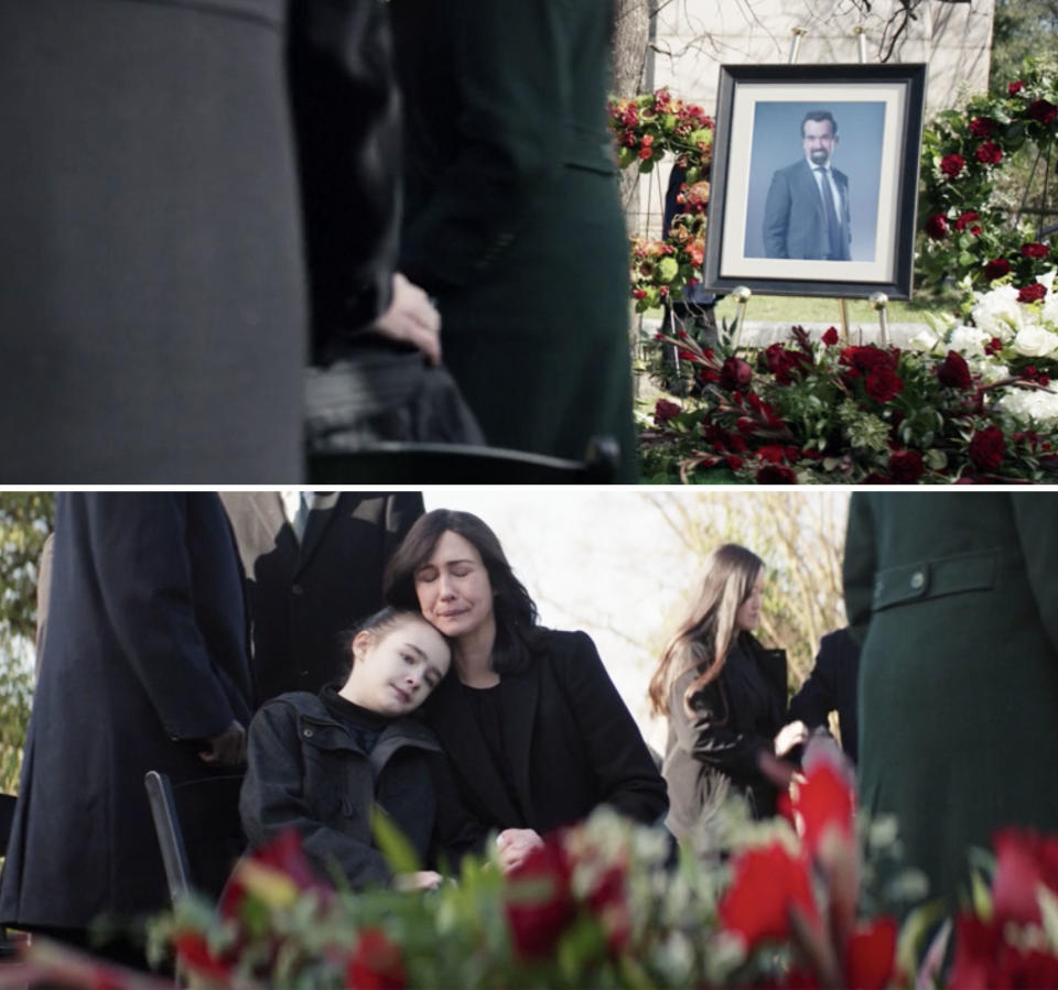 Eleanor and Kate crying at Derek's funeral