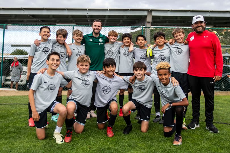 Former Manchester United player Juan Mata and Tab Ramos visit the San Diego Jewish Academy in San Diego on April 25, 2024 in San Diego, California.