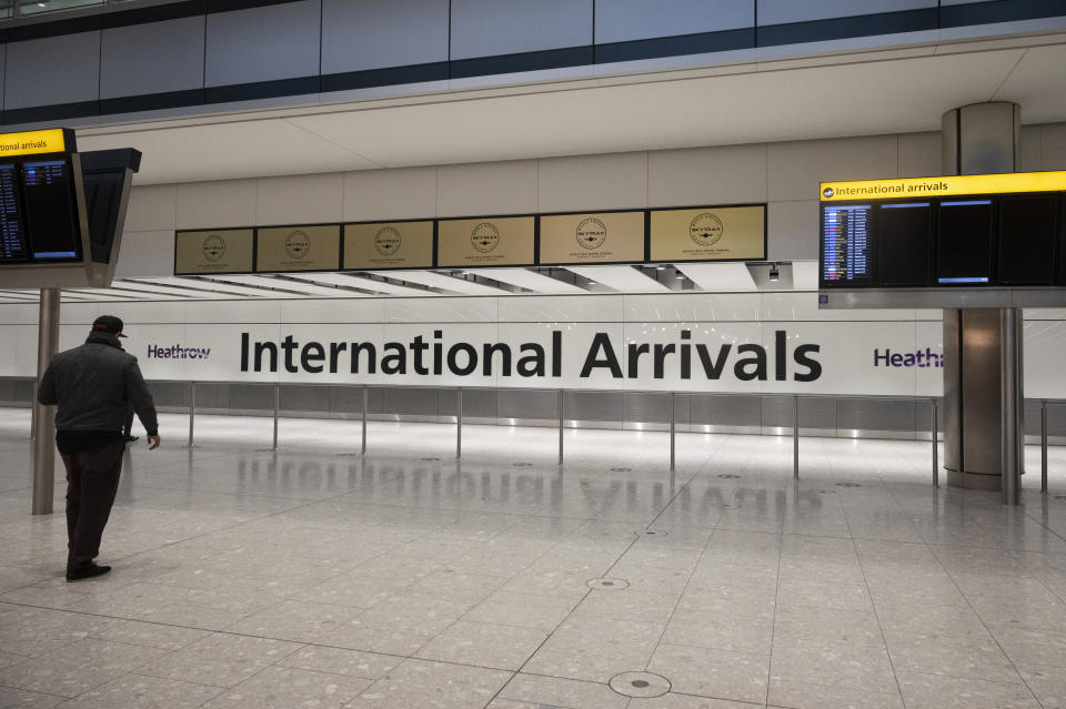 LONDON, UNITED KINGDOM - FEBRUARY 16: The international travellers arrivals areas of London Heathrow Airport in London, United Kingdom on February, 16, 2021. All travellers arriving in England from 33 high-risk countries will be required to quarantine in a hotel for 10 days. (Photo by Ray Tang/Anadolu Agency via Getty Images)
