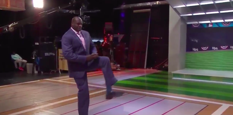 Shaq could be a max-effort, terrible control reliever for an MLB team today. (Screengrab via @cjzero on Twitter)