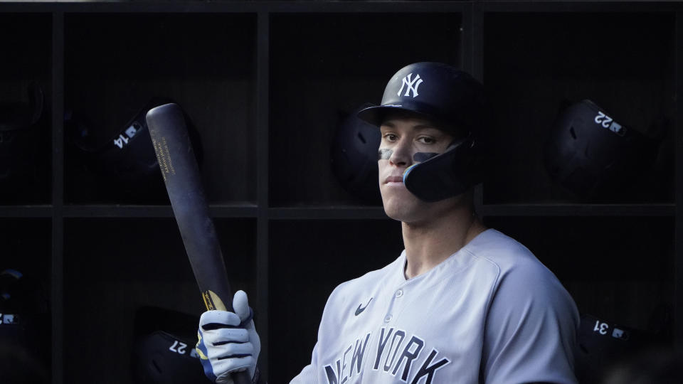 New York Yankees' Aaron Judge prepares to bat during the first inning of a baseball game against the Texas Rangers in Arlington, Texas, Monday, Oct. 3, 2022. (AP Photo/LM Otero)