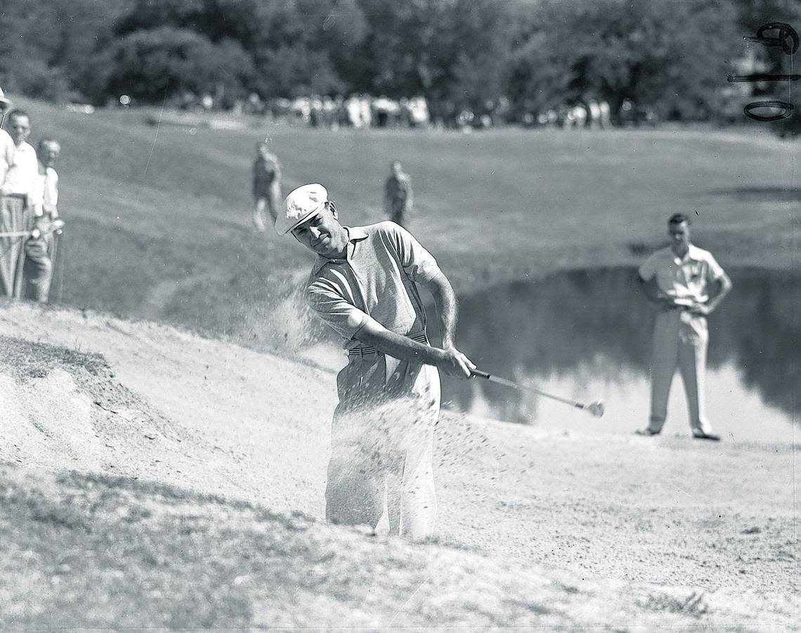 Ben Hogan blasts from sand trap during Colonial National Invitation Golf Tournament in 1951.