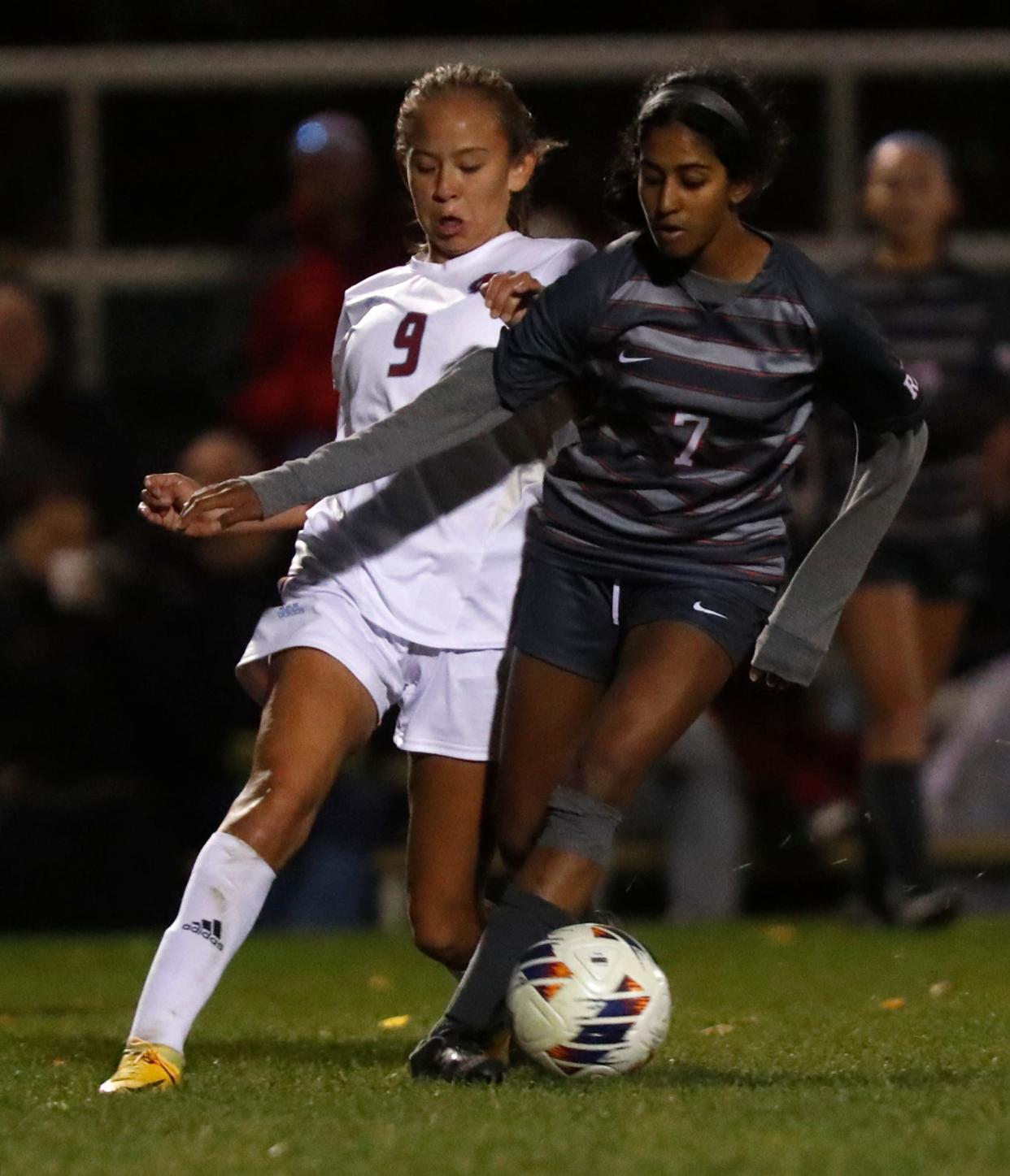 West Lafayette Red Devils Malavika Sujith (7) dribbles the ball during the IHSAA girls soccer regional game against the Hanover Central Wildcats, Thursday, Oct. 13, 2022, at West Lafayette High School in West Lafayette, Ind. 