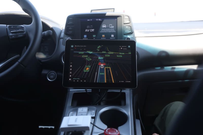 A screen showing traffic and other objects is seen inside a vehicle equipped with Pony.ai's self-driving technology during a demonstration in Fremont