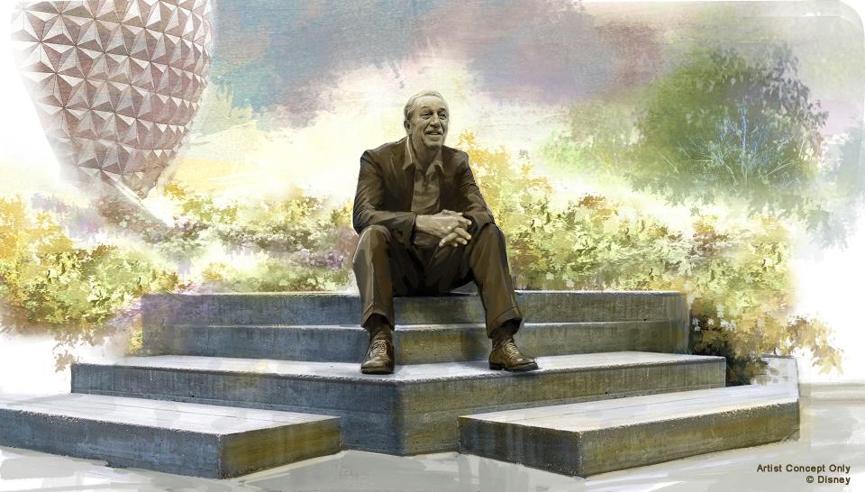 As shown in this artist concept rendering, a new statue of Walt Disney will be part of the new World Celebration neighborhood at EPCOT at Walt Disney World Resort in Lake Buena Vista, Fla., in a new location called Dreamer’s Point. (Disney)