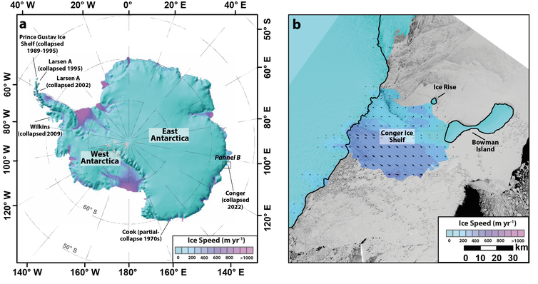 Image of Antarctica overlain with ice flow speeds.