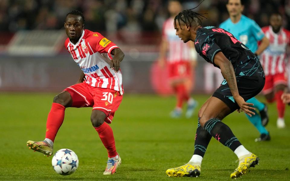 Red Star's Osman Bukari kicks the ball during the Group G Champions League soccer match between Red Star and Manchester City, at the Rajko Mitic Stadium in Belgrade, Serbia, Wednesday, Dec. 13, 2023